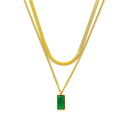 GOLDEN GREEN STONE LAYERED NECKLACE